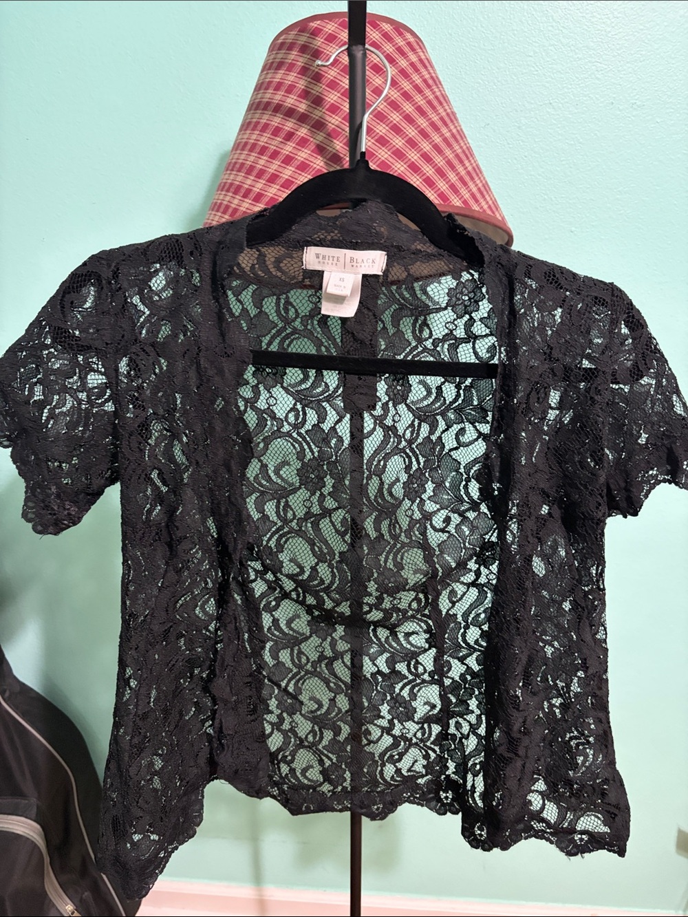 White House Black Market Black Lace Short Sleeve Open-Front Topper
